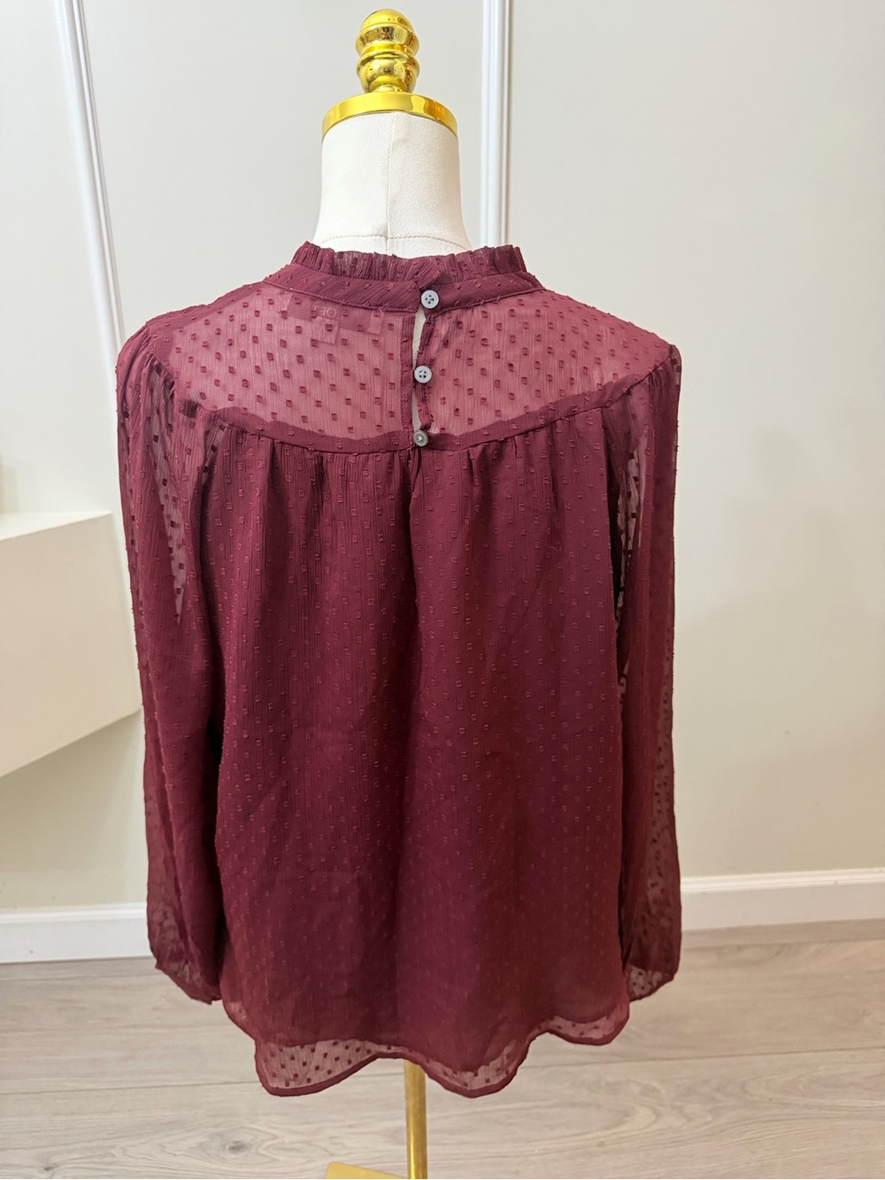 LOFT Burgundy Smocked High-Neck Blouse - Picture 7 of 11